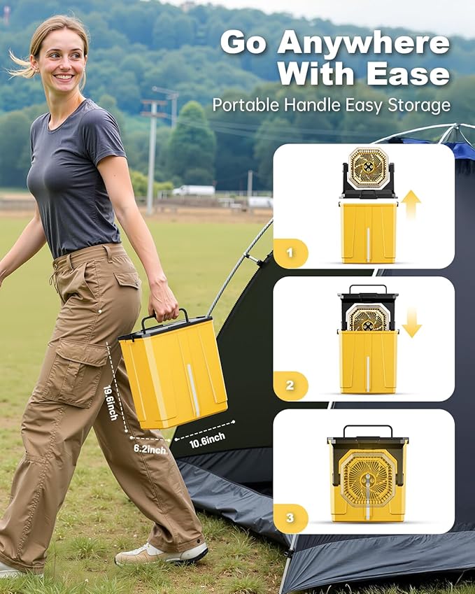Orteen Portable Misting Fan, 24000mAh Rechargeable Outdoor Cooler, Battery Operated Personal Fan with3 Speeds & 8L Bucket for Patio, Camping,Hiking, Backyard, Travel, Desk,Pool, Beach, Yellow
