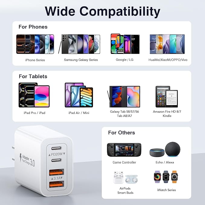 [2-Pack] 40W USB C Charger Cube, Wall Plug Fast Charging Block, 4-Port PD+QC Power Adapter Multiport Brick Type C Box for iPhone 17/16/15/14/13/12/11/Pro Max/XS/XR/8/7, Tablets, Samsung