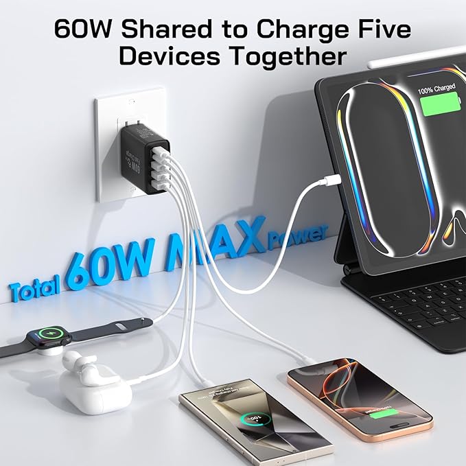 2Pack USB C Fast Charger Block, Total 60W 5-Port USB C Wall Charger 30W Type C Charging Block, 2USB C+3USB A PD 3.0 Multiport Charging Cube for iPhone 17 16 15 14 Pro Max, G-alaxy S26 S25 Ultra, i Pad