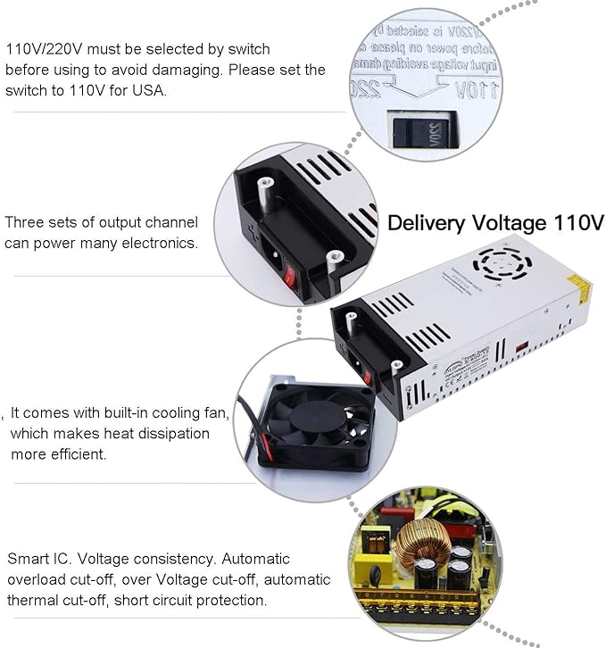 High-Power SMPS 110V/220V AC to 12V DC Converter - 50A 600W Power Supply - Adjustable Switch Transformer for LED Strip, LCD Monitor CCTV, Radio/Car Stereos, 3D Printer - Includes 2 Clamp Wires