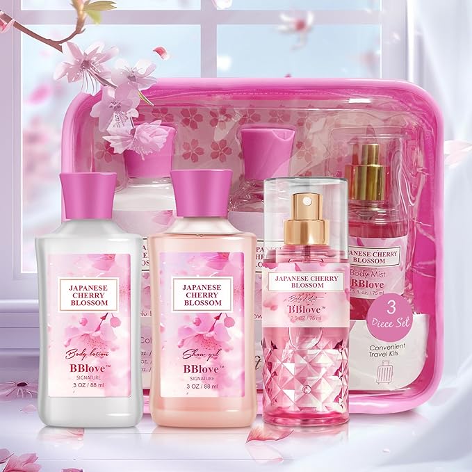 Bath and Body Gift Set for Women and Girls, 3PC Travel Size Self Care Spa Kit with Shower Gel, Body Lotion & Body Mist, Japanese Cherry Blossom Floral Scent, Gift for Teens Mom Bride Friends