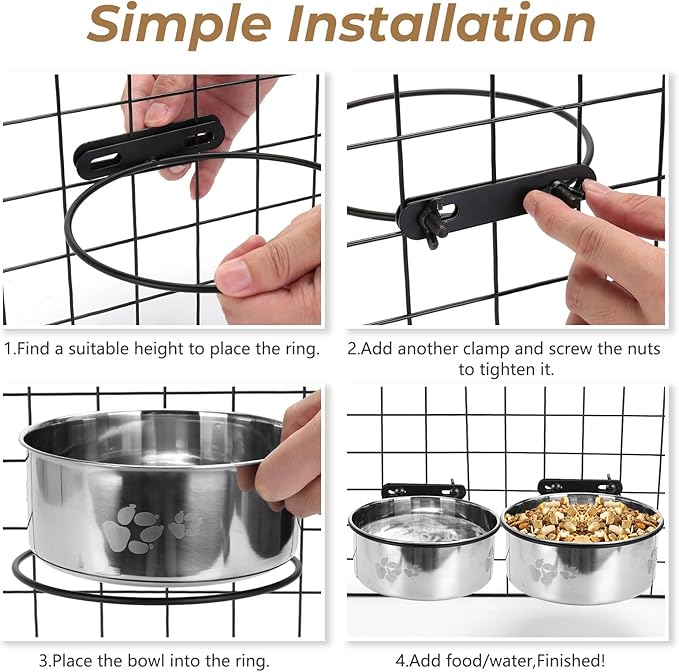 Kennel Bowls Mountable,2 Pack Dog Crate Water Bowl No Spill,Hanging Dog Bowl for Crate Cage,Stainless Steel Dogs Water Feeder Dish for Dogs Cats Bunny Ferret Bird
