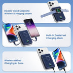 6 in 1 Magnetic Portable Charger for iPhone with Built-in Cables, 10800mAh 25W PD Fast Charging Power Bank, 6 Outputs Travel Essential Battery Pack for iPhone 17/16/15/14/13/12,Apple Watch (Blue)