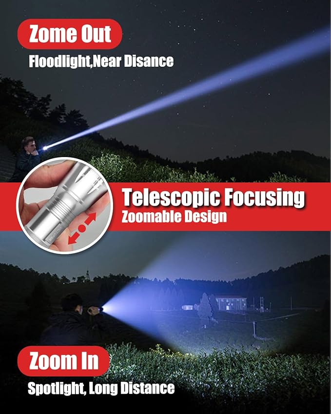 Victoper LED Flashlight 2 Pack Silver, Bright High Lumens Tactical Flashlights High Lumens with 5 Modes, Waterproof Zoomable Flash Light for Outdoor, Gifts for Hiking Camping Essentials Gear