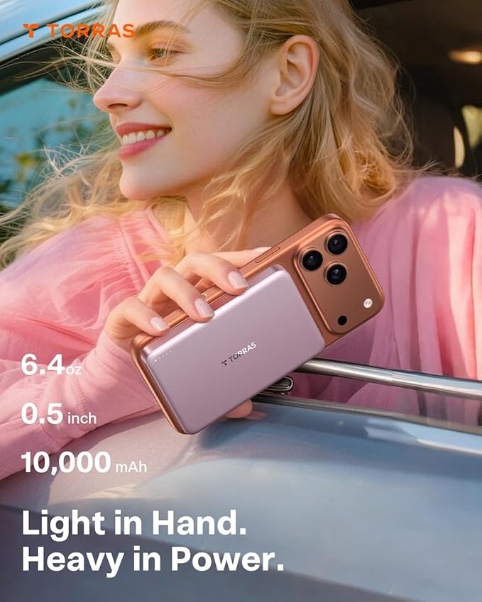 TORRAS MiniMag Power Bank,Ultra-Slim 10,000mAh Magnetic Wireless Portable Charger, 22.5W Fast Charging iPhone Air MagSafe Battery Pack Designed for iPhone 17 Pro Max/17 Pro/Air/16/15/14/13/12, Pink