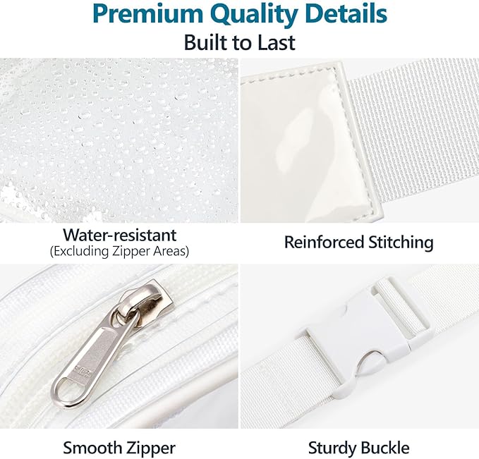 Veckle Clear Fanny Pack Stadium Approved - Plus Size 35-51 Inch Adjustable Strap Transparent Belt Bag for Women Men Fits 7.5" Smartphone, Crossbody Clear Bag for Stadium Events Sports Concerts, White