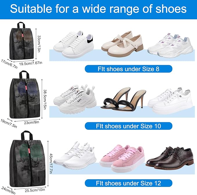SelfTek Travel Shoe Bags, 3 Pack 3 Size Waterproof Shoe Bags for Travel with Double-Sided Zippers, Portable Shoe Storage Organizer for packing for Men, Women & Kids - Ideal Family Travel Accessories