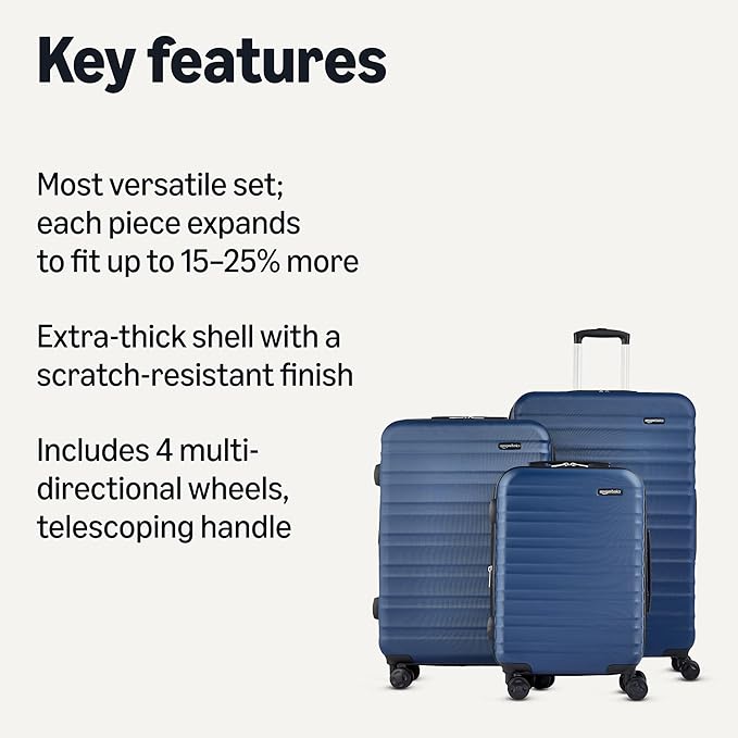 Amazon Basics 3-Piece Hardside Expandable Luggage Set (21" Carry-On, 26", 30"), Spinner Suitcases with Multi-directional Wheels, Scratch-Resistant Surface, Navy Blue