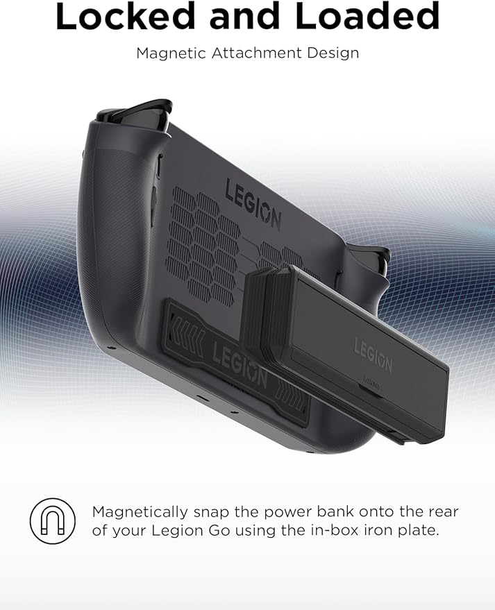 Lenovo Legion Go 65W 12800 Power Bank, Portable Power for Handheld Gaming and Other Devices, USB-C Integrated Cable, Magnetic Attach, Built-in Stand, Black