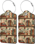 2 Pack Luggage Tags for Suitcases, PU Leather Bag Tag with Privacy Cover Address Card Travel Essentials-Bookshelf Flowers