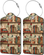 2 Pack Luggage Tags for Suitcases, PU Leather Bag Tag with Privacy Cover Address Card Travel Essentials-Bookshelf Flowers