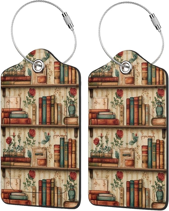 2 Pack Luggage Tags for Suitcases, PU Leather Bag Tag with Privacy Cover Address Card Travel Essentials-Bookshelf Flowers