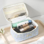Gosect 1pc Large Makeup Bag, Cute Cosmetic Bag for Women Girls, Floral Coquette Aesthetic Toiletry Bag, Travel Make Up Organizer Bag (Green Leaves Blue Flowers)