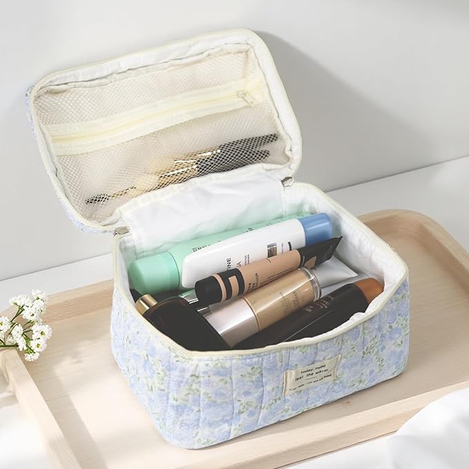 Gosect 1pc Large Makeup Bag, Cute Cosmetic Bag for Women Girls, Floral Coquette Aesthetic Toiletry Bag, Travel Make Up Organizer Bag (Green Leaves Blue Flowers)