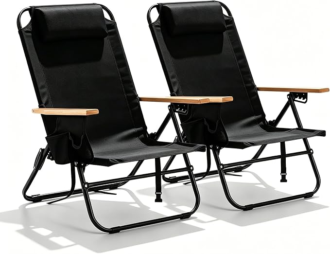 2 Pack Lightweight Portable Recliners Chair for Adults, Outdoor Lay Flat Folding Beach Chairs with 5 Positions, Backpack Beach Chair with, Zipper Pouch, Cup Holder, No Towel Bar, Black