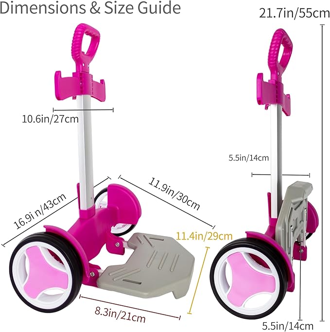 Rolling Backpack Cart, Foldable Aluminum Trolley with 3-Height Adjustable Handle, Lightweight All-Terrain Backpack Carrier for Travel, Commuting & Daily Use – Rose Pink, Quiet Large Wheels