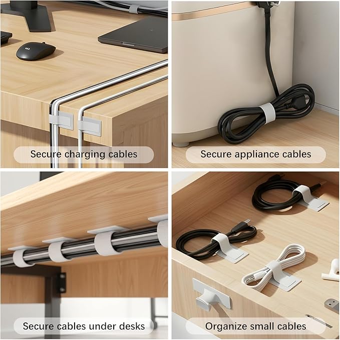100 Pcs Hook and Loop Cable Ties, Self Adhesive Cable Management Desktop Cable Straps, Adjustable Cord Organizer for Desk Home Office Organization (White)