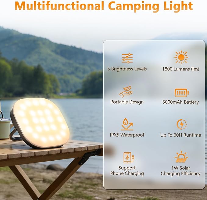 Solar Camping Lights, Solar Camping Lantern Rechargeable 5000mAh LED 5 Light Modes IP65 Waterproof with USB Charging – Lanterns for Power outages Hurricane, Hiking, Fish, Emergency, and Home
