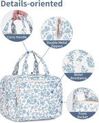 Narwey Hanging Floral Toiletry Bag for Women Travel Makeup Bag Organizer Toiletries Bag for Travel Size Essentials Accessories Cosmetics (Blue Flower (Medium))