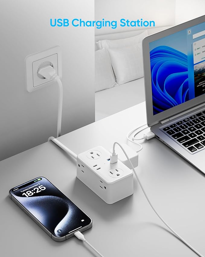 Kakyanill European Travel Plug Adapter, Type E F Plug Adapter, 6 AC Outlets, 4 USB Ports (2 USB C), 3ft Wrapped Around Extension Cord, for Germany France Travel