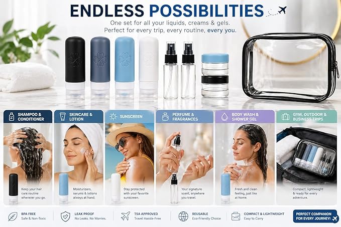 18 Pack TSA Approved Travel Bottles for Toiletries – Leak Proof Silicone Refillable Containers Set with Toiletry Bag, Squeeze Bottles, Spray Bottles & Cream Jars for Shampoo, Conditioner & Lotion