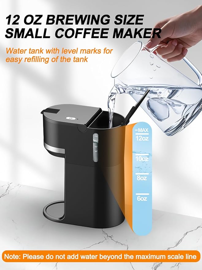 Single Serve Coffee Maker for K-Cup and Grounds, Fast Brew, 6-12 oz Brew Sizes Single Cup Coffee Maker Fits 5.5" Mugs, One-Button Small Coffee Maker, Descaling Reminder,Black,9.45 Inches
