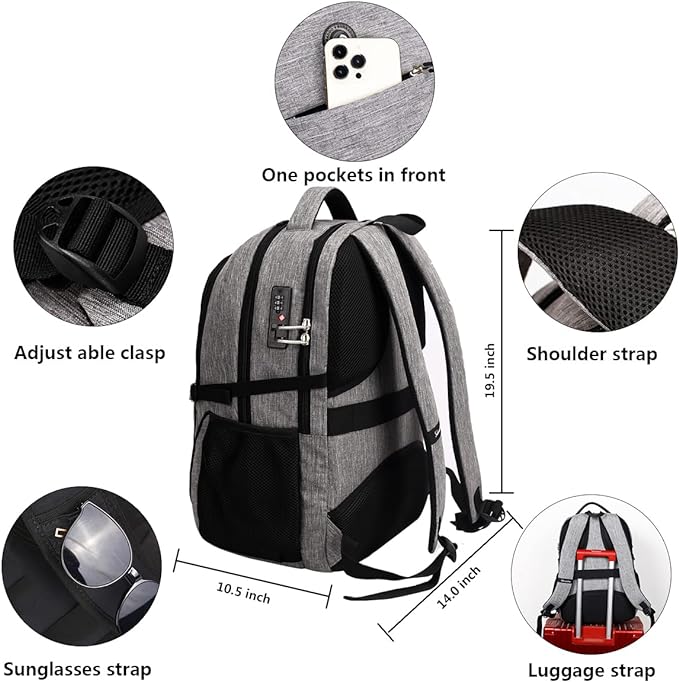 SHRRADOO Anti Theft Laptop Backpack Travel Backpacks with Combination Lock for Women Men College Backpack Computer Bag Fits 17 Inch Laptop,Grey