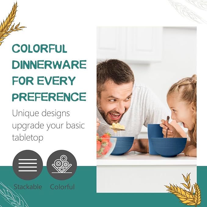 Teivio 32-Piece Kitchen Plastic Wheat Straw Dinnerware Set, Service for 8, Dinner Plates, Dessert Plate, Cereal Bowls, Cups, Unbreakable Colorful Plastic Outdoor Camping Dishes, Autumn Blue