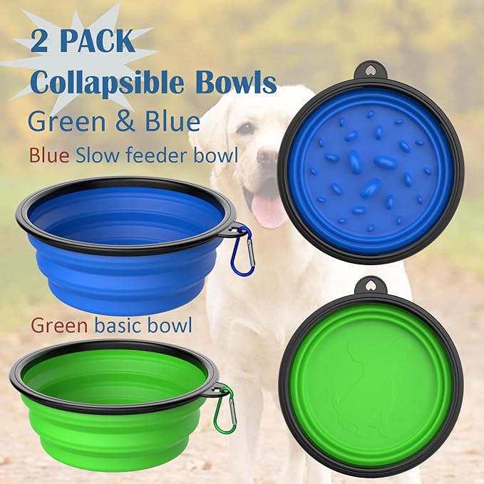 Collapsible Dog Bowls [2 Pack] 34 oz, Slow Feeder Bowl, Travel Dog Bowls Pet Portable Foldable Water Food Feeding Dishes with Carabiner Clip for Traveling Hiking Walking-Green & Blue