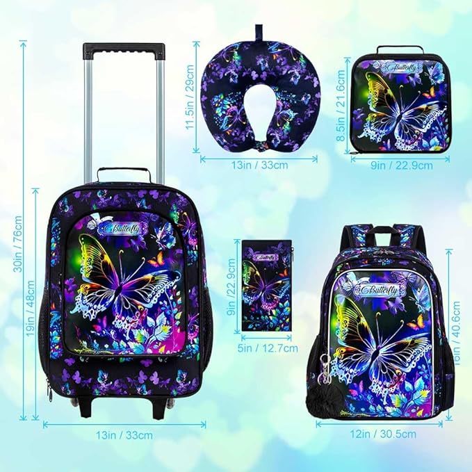 18" Kids Suitcase for Girls, 5Pcs Carry on Luggage With Wheels, Butterfly Suitcases for Toddler Children(Black)
