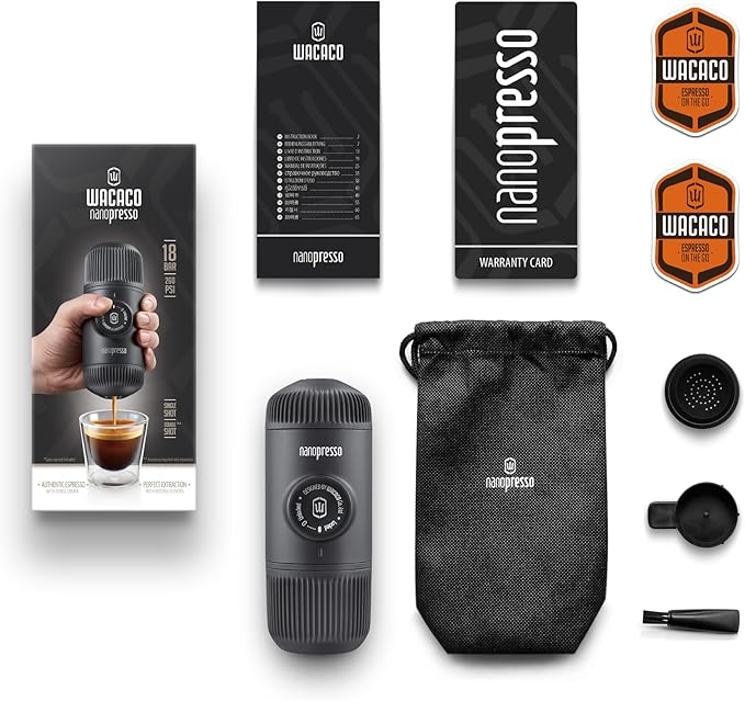 WACACO Nanopresso Portable Espresso Machine, Evolution of the Minipresso, Maximum Pressure 18 Bar, Travel Coffee Maker, No Need for Battery, Manual Operated, Grey