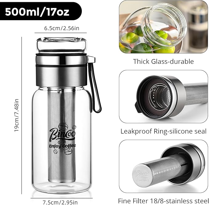 Bincoo Glass Cold Brew Coffee Maker with Extended Fine Mesh Filter, Tea Infuser Bottle Iced Coffee Maker with Thick Borosilicate Glass (500ml/17oz)