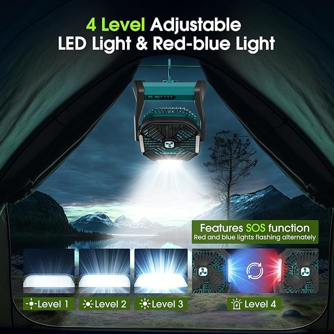 Portable Rechargeable Fan, 20000mAh Cordless Battery Powered Camping Tent Fans with LED Lantern, Small USB C Operated Outdoor Ventilador for Travel Camp Fishing Picnic Bedroom Power Outage Emergency