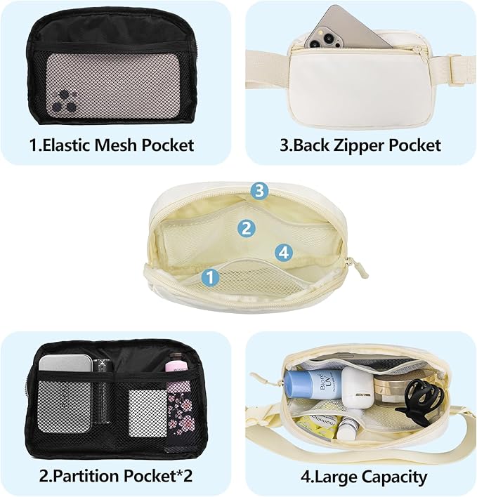 Fanny Pack Crossbody Bag for Women and Men, Belt Bag for Hiking Bum Bag with Adjustable Strap,Casual Cell Phone Pouch?Waist pack for Running Workout Sports Travel Off White