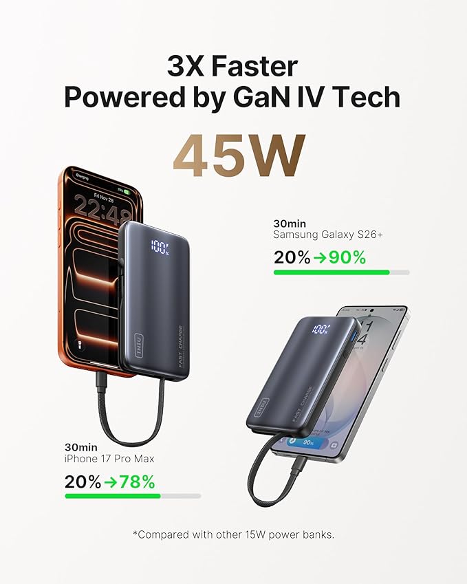 INIU Portable Charger, Ultra Slim & Small 45W Fast Charging Power Bank, 10000mAh GaN Battery Pack with Built-in AC Wall Plug, Flight-Safe Travel 3-in-1 Powerbank, for iPhone 17 16, Samsung, Tablet etc
