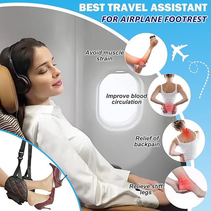 3 in 1 Airplane Footrest Foot Hammock with Luggage Cup Holder & Suitcase Strap to Relax Your Feet and Free Hands, Travel Essentials, Black