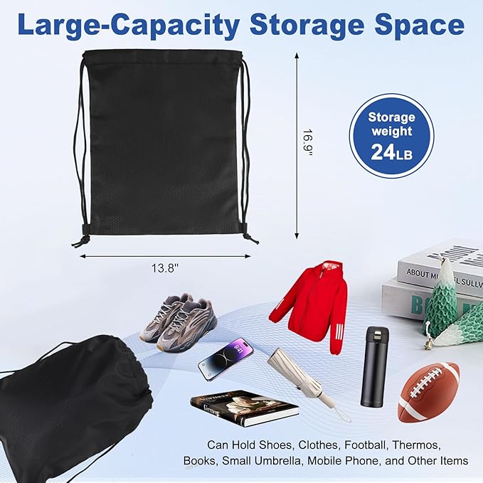2-Pack Waterproof Drawstring Backpacks, Soccer-Texture Oxford Fabric, 16.9" × 13.8", Lightweight 0.19 lb Each, No Eyelets, Gym & Marathon Gear Sacks(Black)