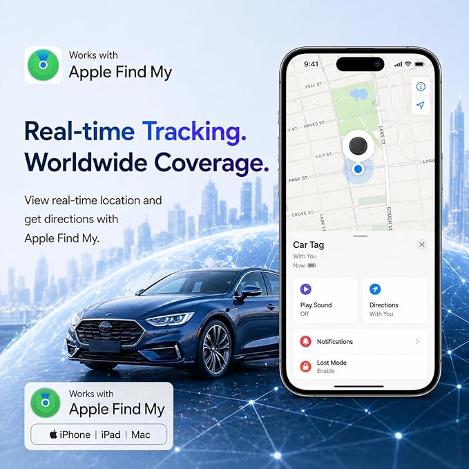 GPS Tracker for Vehicles,Magnetic Waterproof Car Tracker, No Monthly fees, Mini Portable GPS Tracker for Cars, Trucks, Motorcycle, Anti-Theft (Apple GPS Tacker)