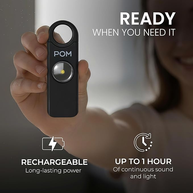 POM Personal Safety Alarm for Women – 130dB Loud Emergency Siren, USB-C Rechargeable with Bright LED Flashlight, Portable Keychain Design for Self Defense, Purse, Backpack & Travel (Black)