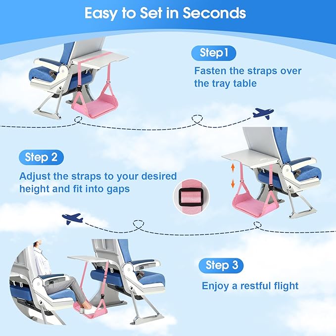 ExploreBliss Airplane Foot Rest - Lightweight Foot Hammock for Plane Travel with Adjustable Strap & Thick Board, Tray Table Under Desk Footrest to Relax Feet, Travel Essentials for Long Flights(Pink)