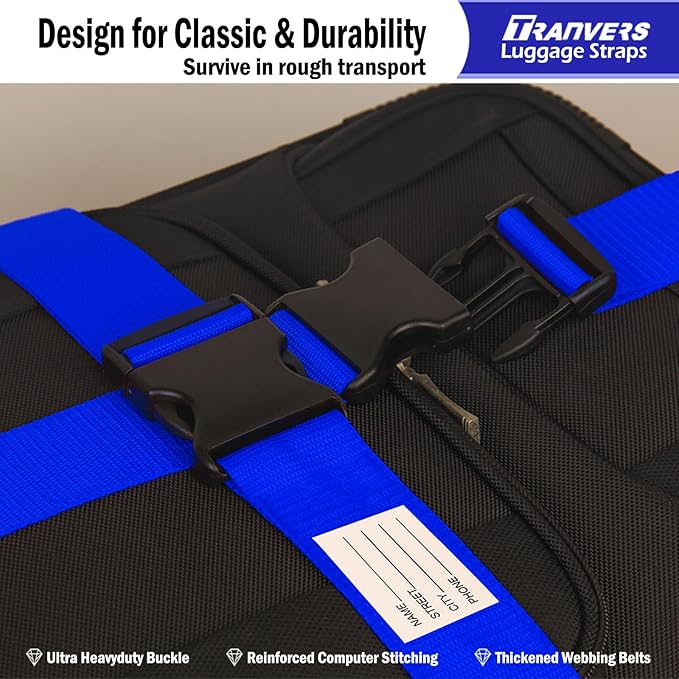 Ultra Long Heavy Duty Luggage Straps for Suitcases/Uprights/Duffels/Bags, 79" Adjustable Travel Packing Belts for Cargo Safety, Sturdy Baggage Strap Belts Multi-Pack