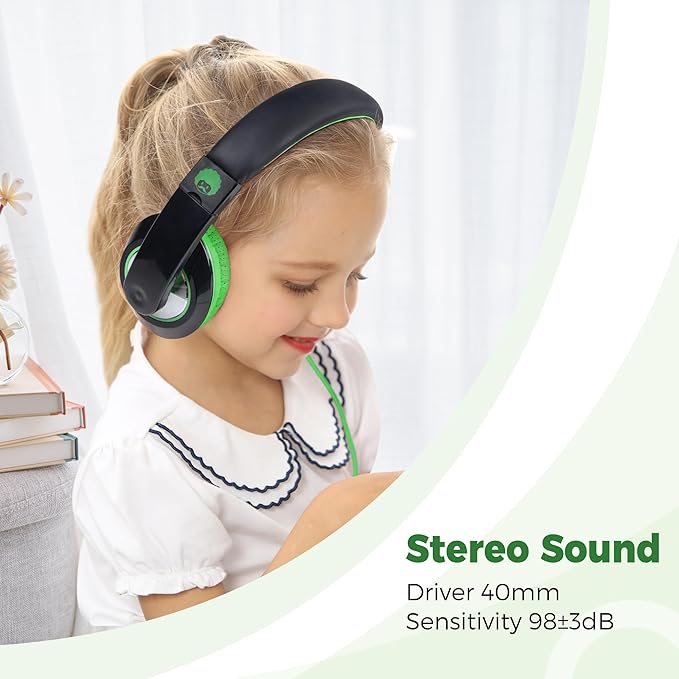 rockpapa Comfort Kids Headphones for School, Lightweight Foldable Portable Childs Boys Girls Teens Headphones Wired 3.5mm with 4.9ft Cord for Travel Airplane Tablet Phone Pad Laptop Black/Green