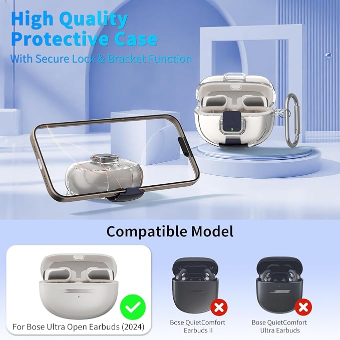 for Bose Ultra Open Earbuds Case with Secure Lock & Phone Stand, Soft TPU Shockproof Protective Clear Case for Bose Open Ear Earbuds Accessories with Cleaning Pen & Keychain (Clear)
