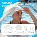 Tallew Swim Goggles Swimming Cap Set with Earplugs, Nose Clip and Case Silicone Swim Hat Waterproof Chlorine Resistant