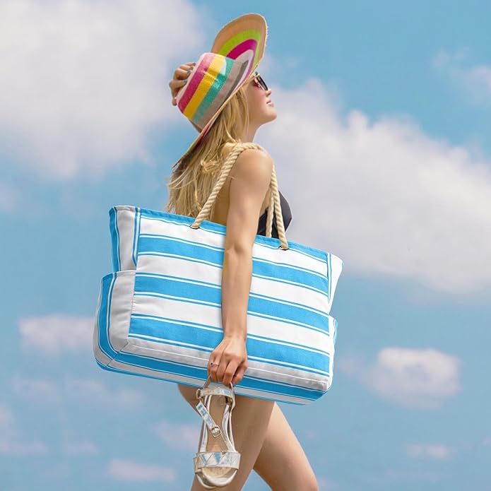 Becokan Beach Bags for Women Large Waterproof Beach Tote Bag Zipper Beach Bags Waterproof Sandproof Swim Pool Bag Large Tote