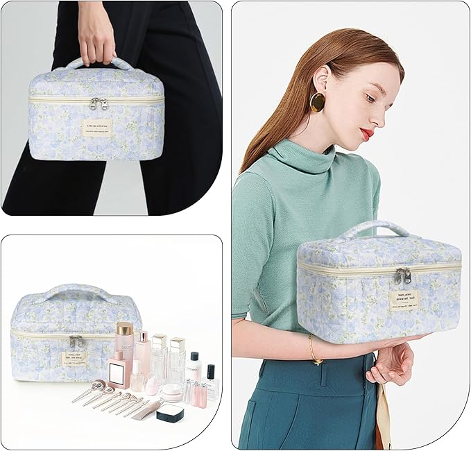 Gosect 1pc Large Makeup Bag, Cute Cosmetic Bag for Women Girls, Floral Coquette Aesthetic Toiletry Bag, Travel Make Up Organizer Bag (Green Leaves Blue Flowers)