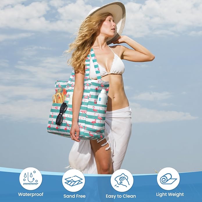 Trifabricy Beach Bags for Women Waterproof Sandproof Women Tote Bag, Large Beach Bag with Zipper for Gym Travel Vocation