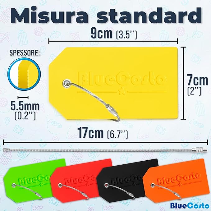 BlueCosto - Luggage Tags - Large, Multicolored, 5 PK - PVC Suitcase Tags w/Privacy Cover & Stainless Steel Wire Loops - Personalized Baggage Identifiers for Travel - Backpack Name Labels