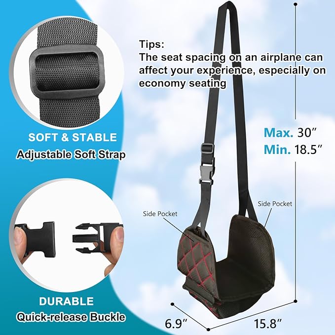3 in 1 Airplane Footrest Foot Hammock with Luggage Cup Holder & Suitcase Strap to Relax Your Feet and Free Hands, Travel Essentials, Black