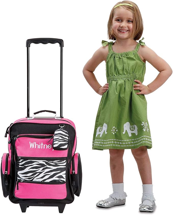 Lillian Vernon Personalized Rolling Luggage for Kids, 5-Pocket Hot Pink & Zebra Print Design Suitcase Set With Clip-On Pouch, Customizable Girls Travel Carrier on Wheels, 5.5" W x 12" L x 18" H